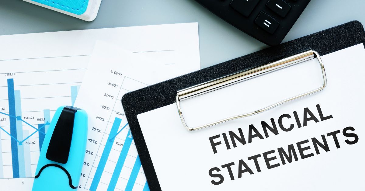 A blueprint-style infographic featuring a clipboard with the text "FINANCIAL STATEMENTS" prominently displayed.