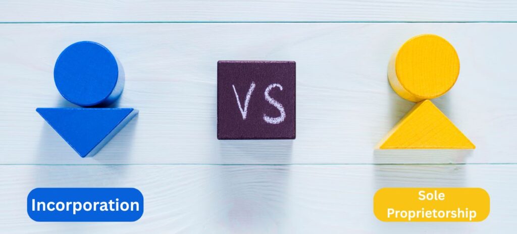 A blue figure with a downward arrow labeled "Incorporation" and a yellow figure with an upward triangle labeled "Sole Proprietorship," separated by a "VS" symbol, representing t "Incorporation vs. Sole Proprietorship business"
