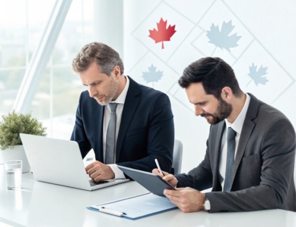 Business law consultation between professionals in a modern Canadian office with a laptop and tablet.