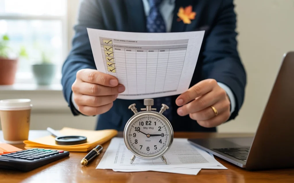 Business professional reviewing a due diligence checklist with a stopwatch on desk, symbolizing time management and franchise purchase process in Canada