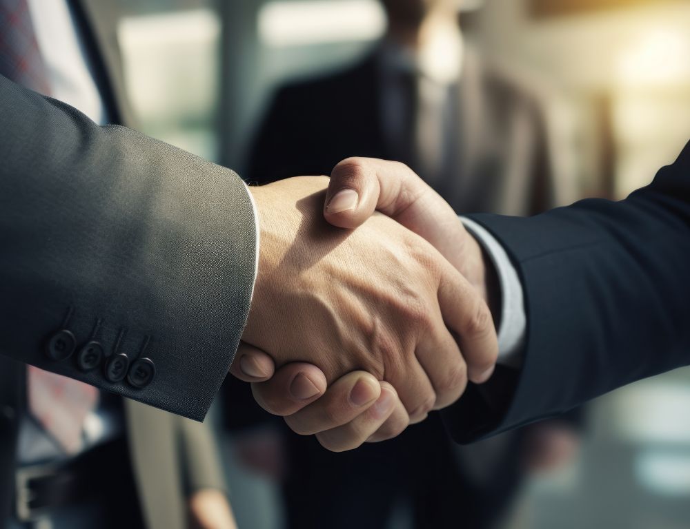 Two professionals shaking hands in a business setting, symbolizing Joint Venture & Partnership Agreements.