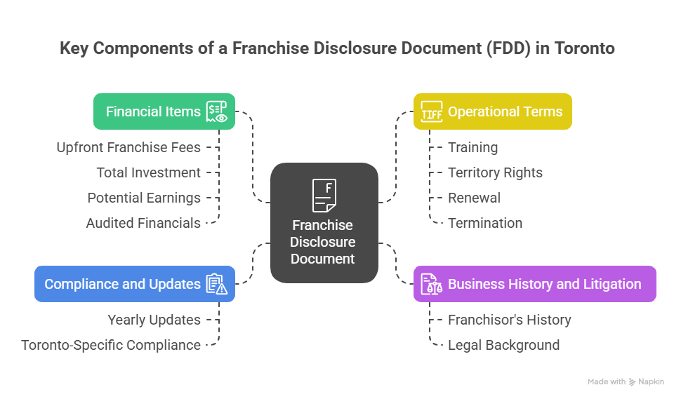 Infographic showing the key components of a Franchise Disclosure Document (FDD) in Toronto, including financial items, operational terms, compliance updates, and business history.