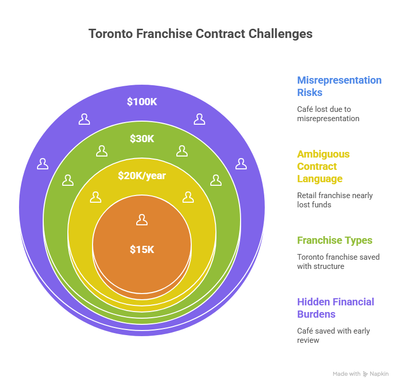 Infographic showing Toronto franchise contract challenges with cost impact levels, including misrepresentation risks, ambiguous contract language, franchise types, and hidden financial burdens.