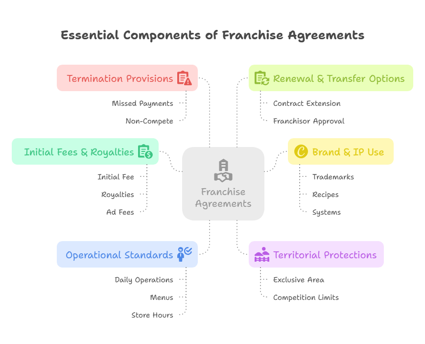 Infographic titled "Essential Components of Franchise Agreements" showing six sections: Termination Provisions, Renewal & Transfer Options, Initial Fees & Royalties, Brand & IP Use, Operational Standards, and Territorial Protections, each with related icons and brief descriptions.
