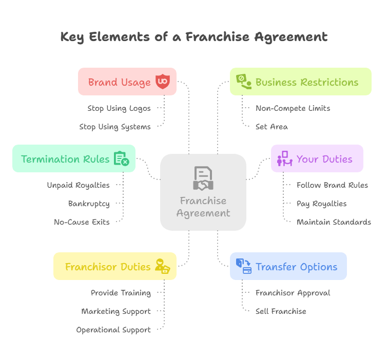 Infographic titled "Key Elements of a Franchise Agreement" showing six sections: Termination Rules, Your Duties, Franchisor Duties, Transfer Options, Brand Usage, and Business Restrictions, each with related icons and brief descriptions.
