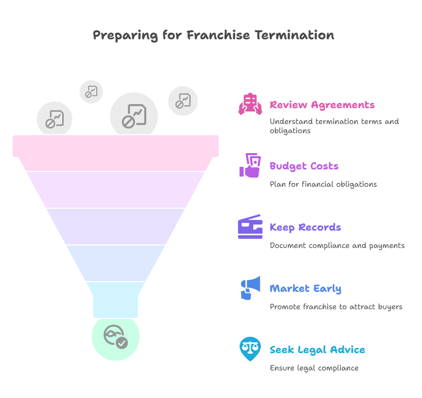 Infographic titled "Preparing for Franchise Termination" with a funnel graphic and five steps: Review Agreements, Budget Costs, Keep Records, Market Early, and Seek Legal Advice, each paired with icons.