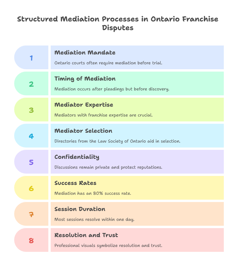 Infographic outlining structured mediation processes in Ontario franchise disputes, including mandate, timing, expertise, and success rates.