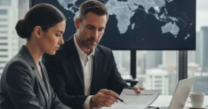 Business owner and lawyer reviewing legal documents for establishing a U.S. entity for franchise expansion.