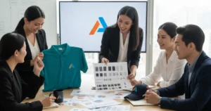 Franchise team reviewing brand consistency guidelines with branded materials, uniforms, and marketing assets.