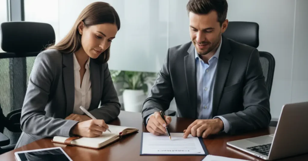 Business lawyer reviewing franchise disclosure document with prospective franchisee in a modern office setting.