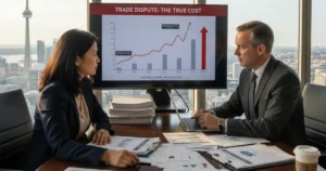 Business owner and lawyer reviewing trade documents discussing tariff impact on Canadian franchises and restaurants.