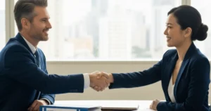 Business partners shaking hands over franchise agreements, signifying a hybrid model.