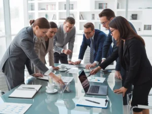 Business professionals discussing and managing an LLP partnership, showcasing a collaborative yet protected environment in a modern office setting.