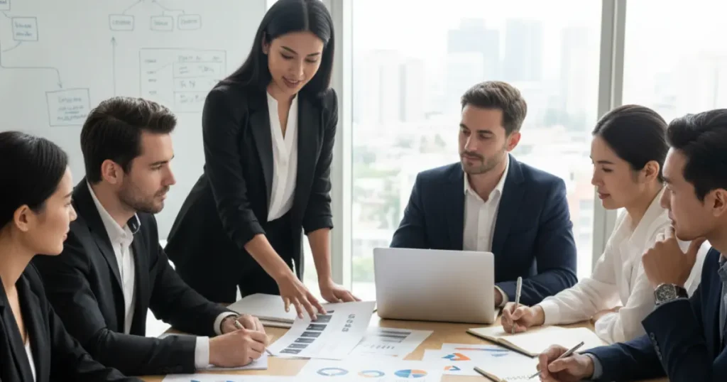 Business team discussing brand manual with logos, color palettes, and typography guidelines