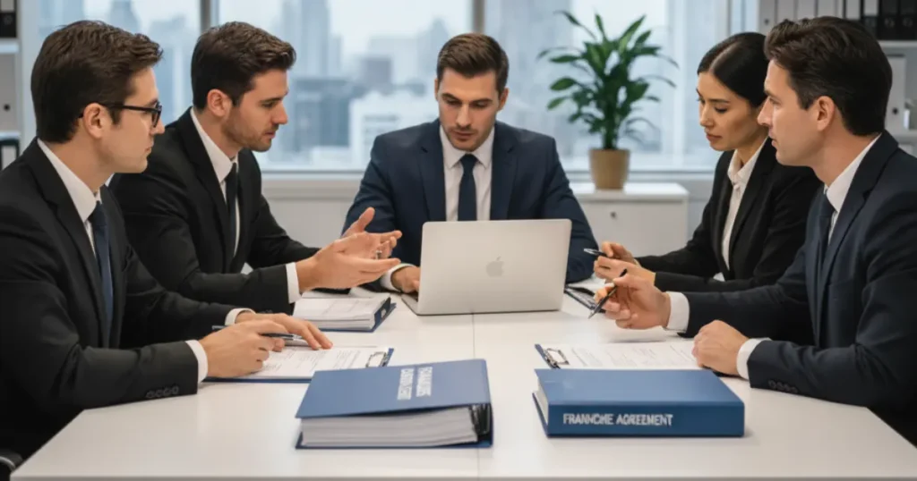 Group of professionals discussing a franchise agreement in a modern office, with legal documents on the table.