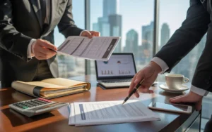 Business professionals in Canada reviewing financial reports and corporate tax documents during a strategy meeting