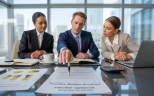 Business professionals in Canada reviewing franchise disclosure and corporate tax documents during a financial meeting