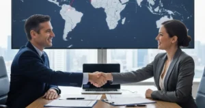 Canadian business owner and U.S. lawyer shaking hands in a cross-border franchise expansion meeting.
