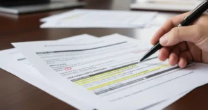 Close-up view of franchise disclosure document showing key sections like franchisor’s history and initial fees.