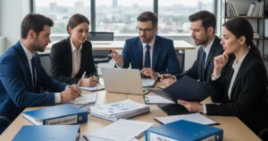 Professionals discussing franchise models with legal documents in a modern office.