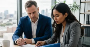 Franchise consultant and client discussing paperwork in a modern office, emphasizing legal compliance.