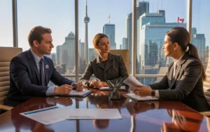 Corporate lawyers in Toronto discussing Canadian corporate tax strategy with CN Tower skyline in the background
