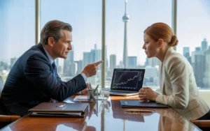 Corporate tax lawyers in Toronto discussing financial performance and Canadian tax rate projections with city skyline view