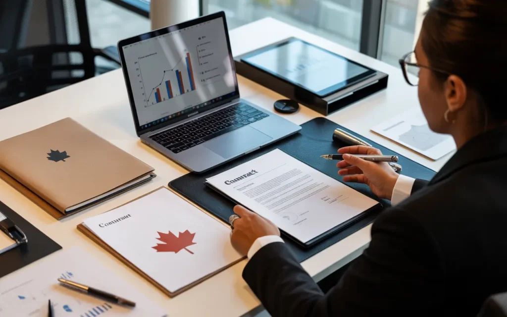 Canadian startup founder reviewing legal contracts and business documents at modern office desk with laptop displaying organizational charts