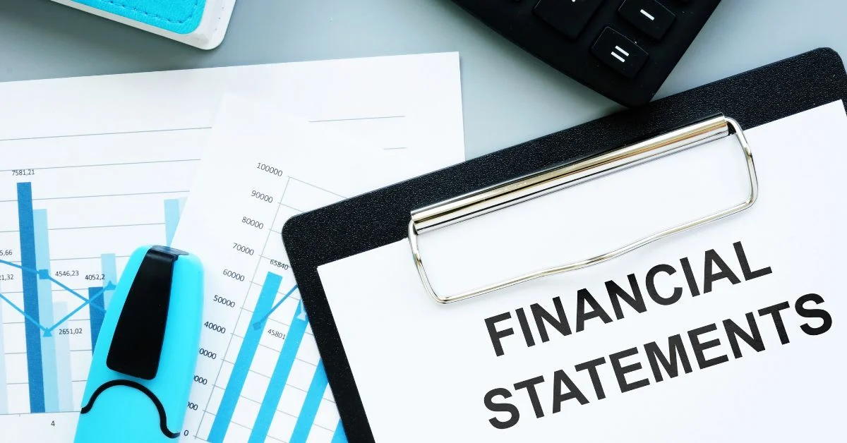 A blueprint-style infographic featuring a clipboard with the text "FINANCIAL STATEMENTS" prominently displayed.