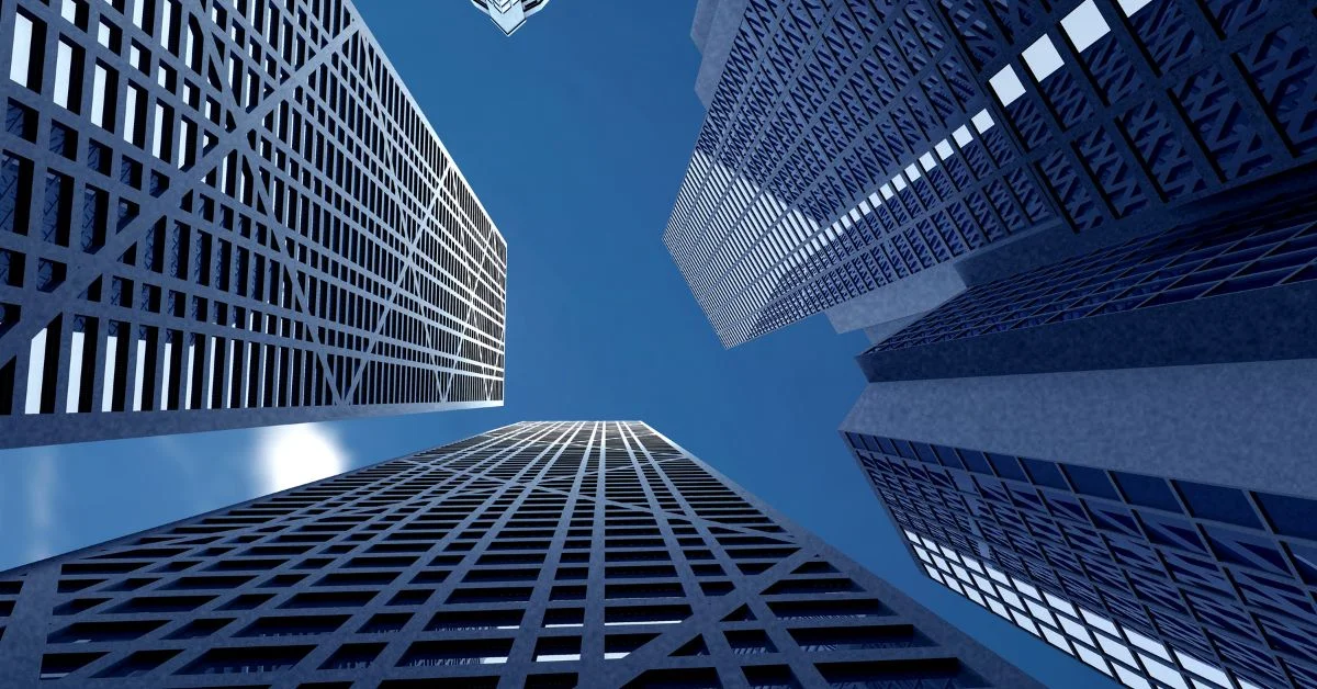View of modern corporate skyscrapers with geometric patterns, symbolizing federal and provincial corporations in Canada.
