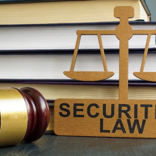 A gavel rests on a stack of books, with one book prominently labeled "SECURITIES LAW." A small scale of justice sits atop the books, symbolizing legal balance.