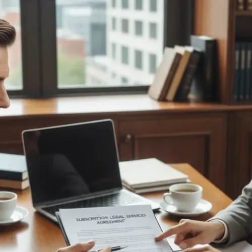 Business owner and lawyer discussing flat fees and subscription models for legal services.