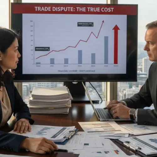 Business owner and lawyer reviewing trade documents discussing tariff impact on Canadian franchises and restaurants.