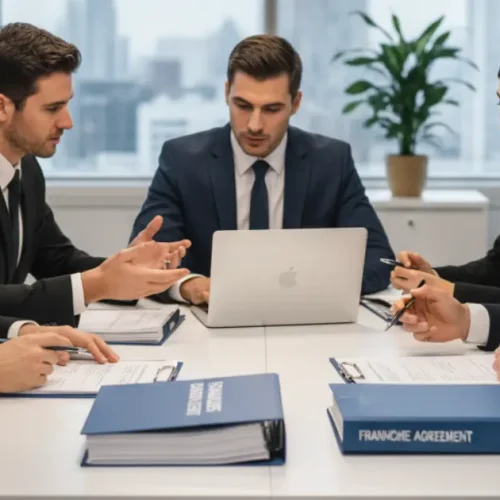 Group of professionals discussing a franchise agreement in a modern office, with legal documents on the table.