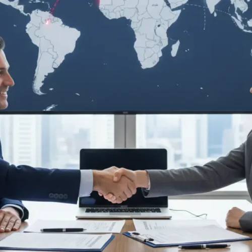 Canadian business owner and U.S. lawyer shaking hands in a cross-border franchise expansion meeting.