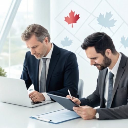 Business law consultation between professionals in a modern Canadian office with a laptop and tablet.