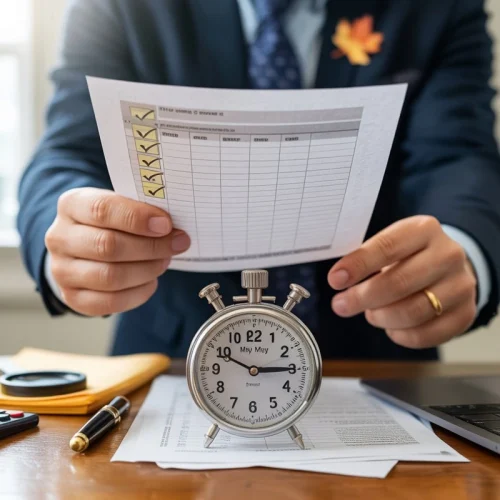 Business professional reviewing a due diligence checklist with a stopwatch on desk, symbolizing time management and franchise purchase process in Canada