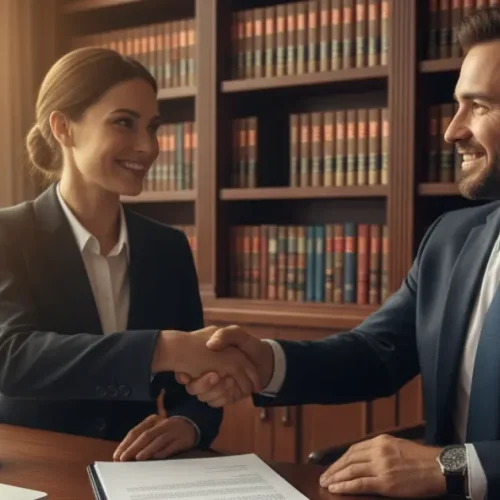 Lawyer and business owner shaking hands after signing business incorporation documents.