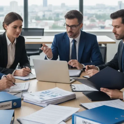 Professionals discussing franchise models with legal documents in a modern office.