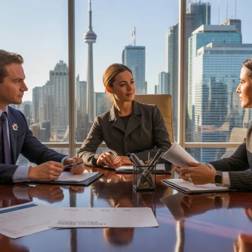Corporate lawyers in Toronto discussing Canadian corporate tax strategy with CN Tower skyline in the background