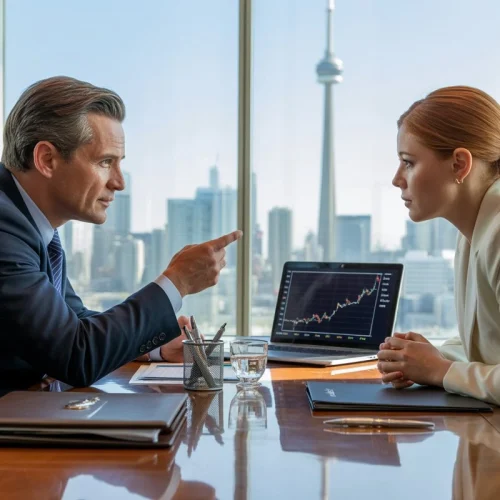 Corporate tax lawyers in Toronto discussing financial performance and Canadian tax rate projections with city skyline view